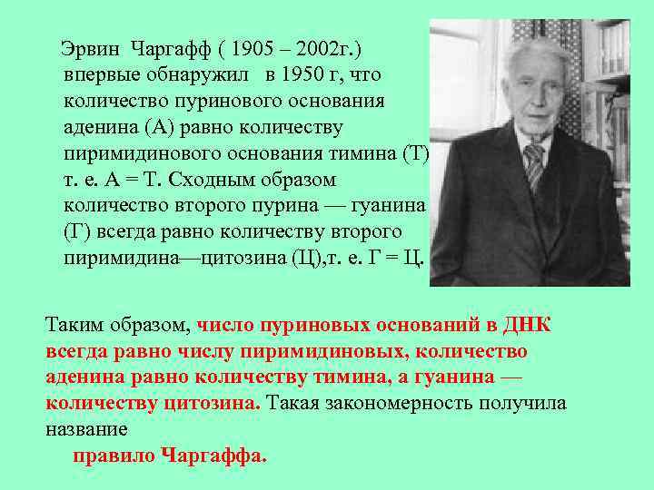 Эрвин Чаргафф ( 1905 – 2002 г. ) впервые обнаружил в 1950 г, что