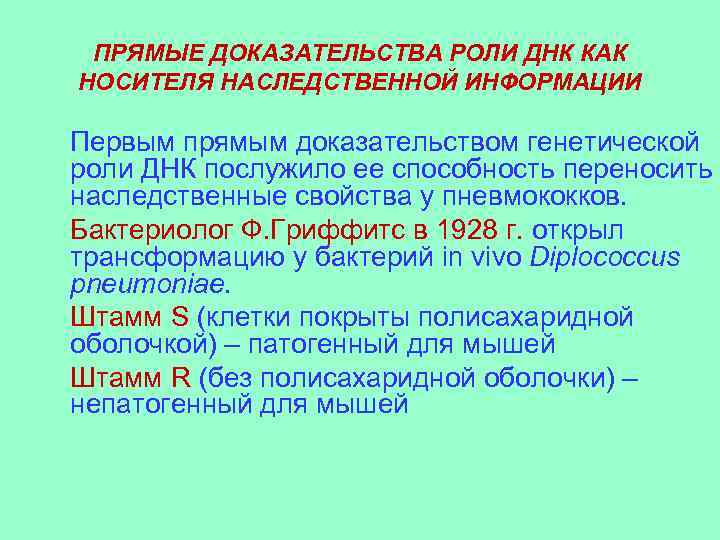 ПРЯМЫЕ ДОКАЗАТЕЛЬСТВА РОЛИ ДНК КАК НОСИТЕЛЯ НАСЛЕДСТВЕННОЙ ИНФОРМАЦИИ Первым прямым доказательством генетической роли ДНК