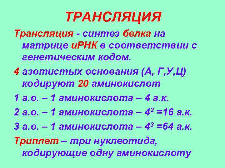 ТРАНСЛЯЦИЯ Трансляция - синтез белка на матрице и. РНК в соответствии с генетическим кодом.