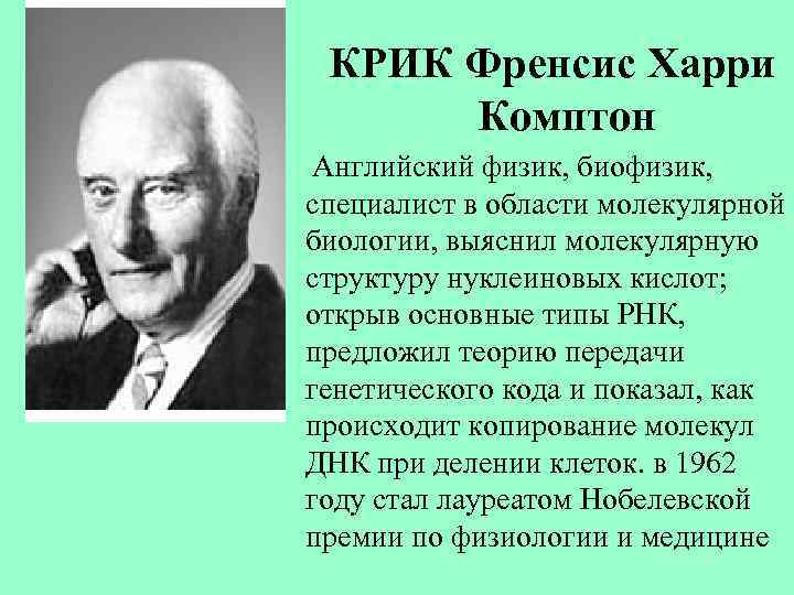 КРИК Френсис Харри Комптон Английский физик, биофизик, специалист в области молекулярной биологии, выяснил молекулярную