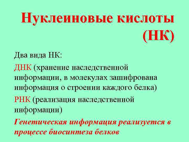 Нуклеиновые кислоты (НК) Два вида НК: ДНК (хранение наследственной информации, в молекулах зашифрована информация