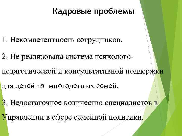 Кадровые проблемы 1. Некомпетентность сотрудников. 2. Не реализована система психологопедагогической и консультативной поддержки для