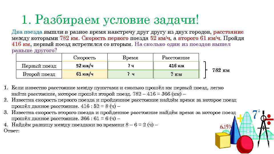 Поезд прошел 1. Условие задачи из двух навстречу друг другу вышли два поезда. Два поезда вышли в Разное время навстречу. Задачи с избыточным числом данных. Задача на расстояние двух поездов.