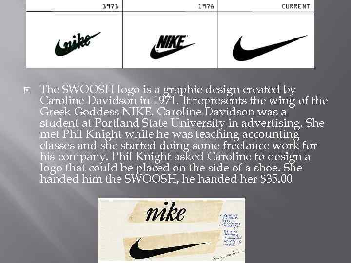  The SWOOSH logo is a graphic design created by Caroline Davidson in 1971.