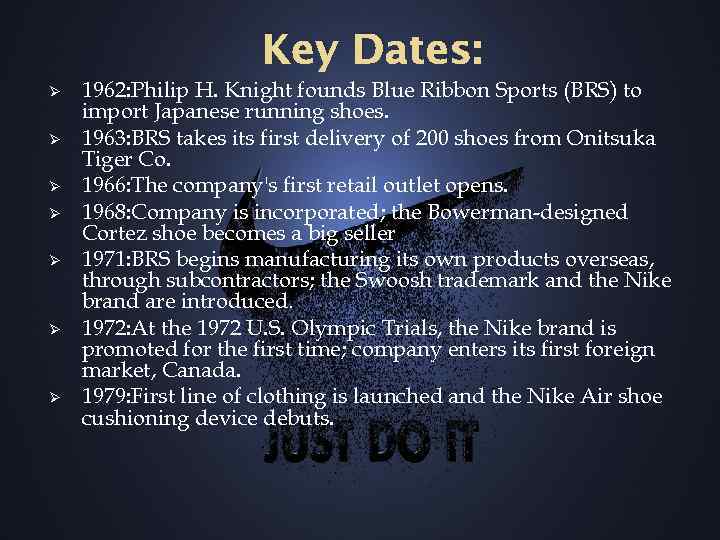 Key Dates: Ø Ø Ø Ø 1962: Philip H. Knight founds Blue Ribbon Sports