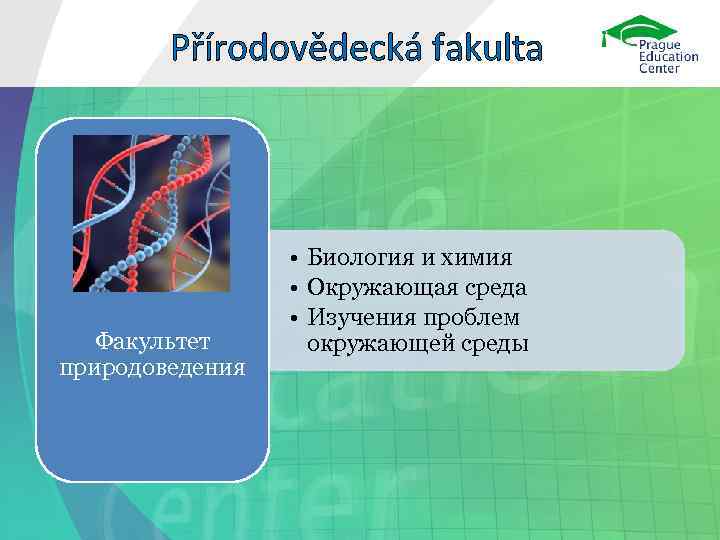 Přírodovědecká fakulta Факультет природоведения • Биология и химия • Окружающая среда • Изучения проблем