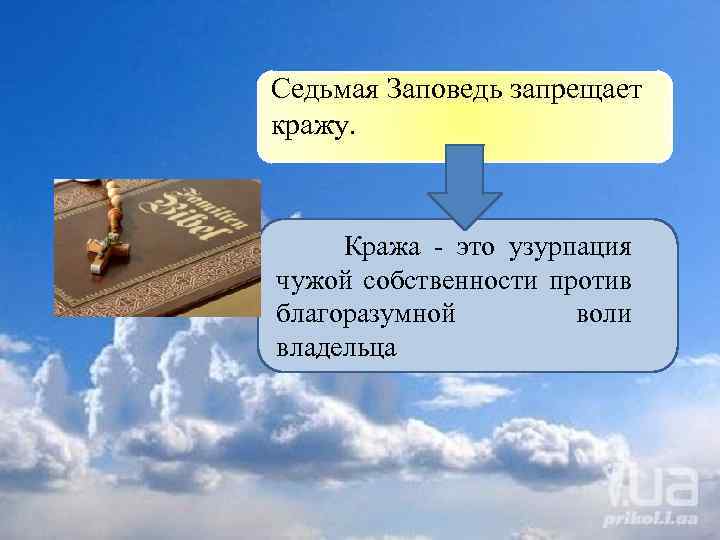 Седьмая Заповедь запрещает кражу. Кража - это узурпация чужой собственности против благоразумной воли владельца