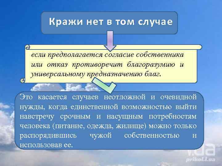 Кражи нет в том случае если предполагается согласие собственника или отказ противоречит благоразумию и