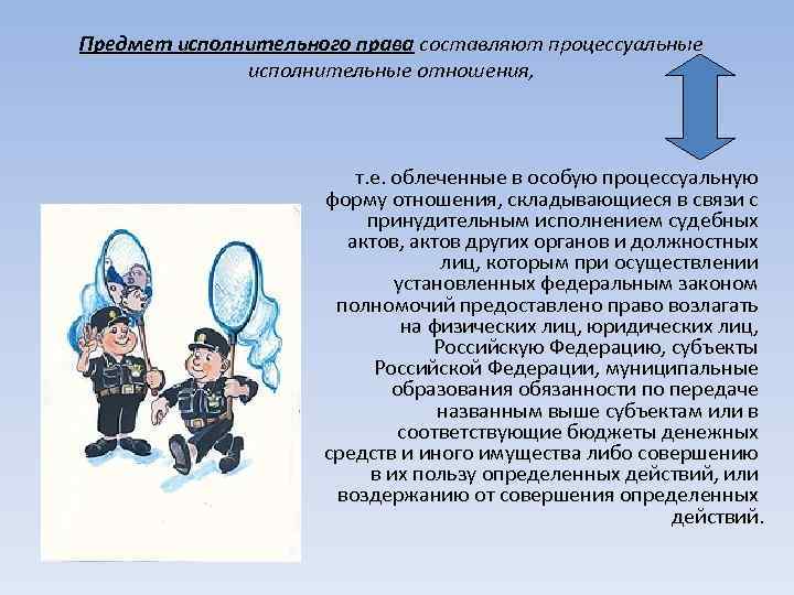 Предмет исполнительного права составляют процессуальные исполнительные отношения, т. е. облеченные в особую процессуальную форму