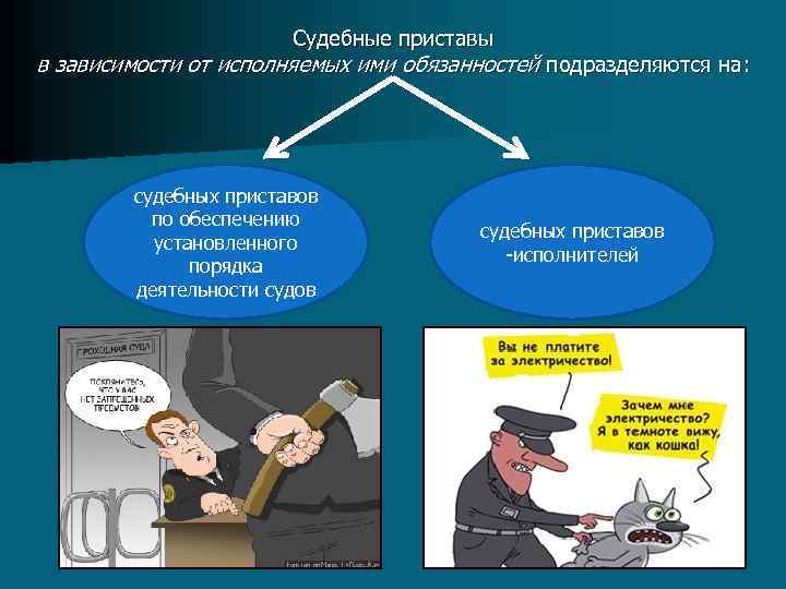 Судебные приставы в зависимости от исполняемых ими обязанностей подразделяются на: судебных приставов по обеспечению