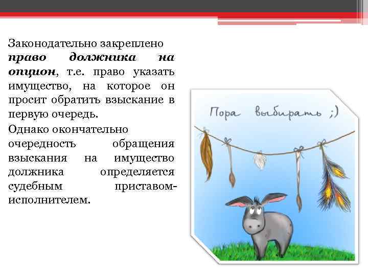 Законодательно закреплено право должника на опцион, т. е. право указать имущество, на которое он