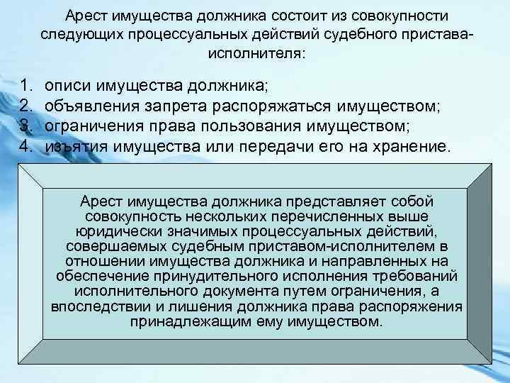 Арест имущества должника состоит из совокупности следующих процессуальных действий судебного приставаисполнителя: 1. 2. 3.