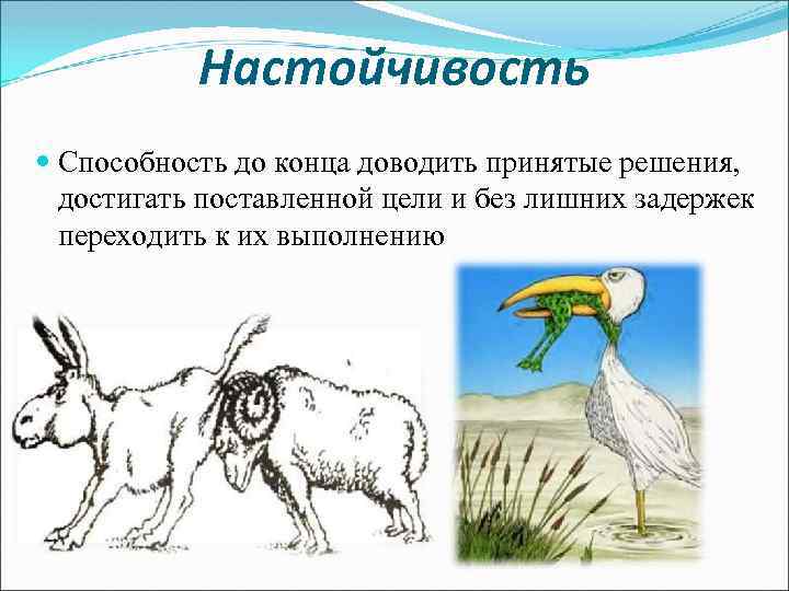 Настойчивость Способность до конца доводить принятые решения, достигать поставленной цели и без лишних задержек