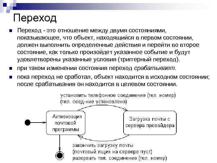 Переход n n n Переход - это отношение между двумя состояниями, показывающее, что объект,