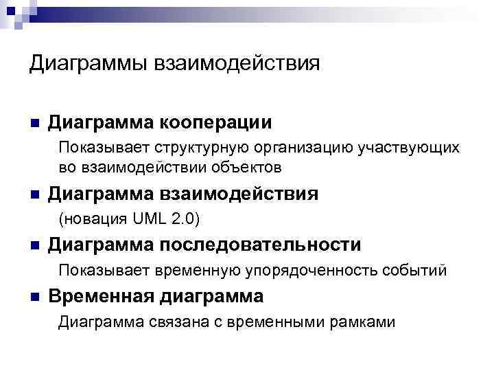 Диаграммы взаимодействия n Диаграмма кооперации Показывает структурную организацию участвующих во взаимодействии объектов n Диаграмма