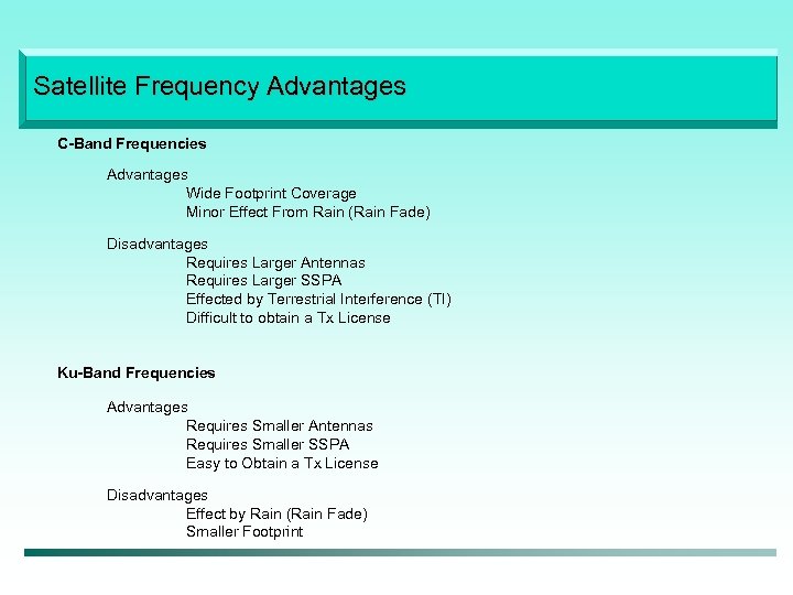 Satellite Frequency Advantages C-Band Frequencies Advantages Wide Footprint Coverage Minor Effect From Rain (Rain