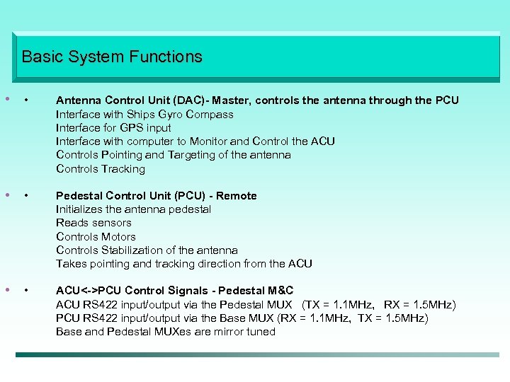 Basic System Functions • • Antenna Control Unit (DAC)- Master, controls the antenna through