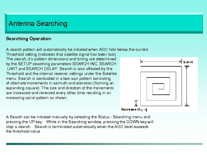 Antenna Searching Operation A search pattern will automatically be initiated when AGC falls below