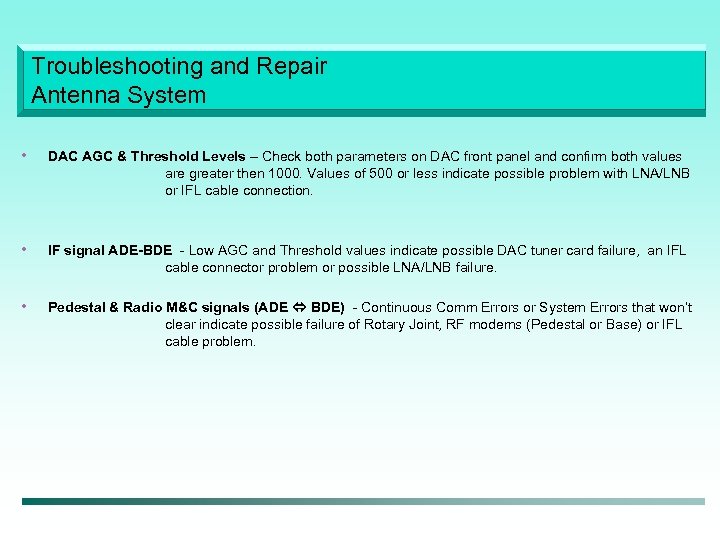 Troubleshooting and Repair Antenna System • DAC AGC & Threshold Levels – Check both