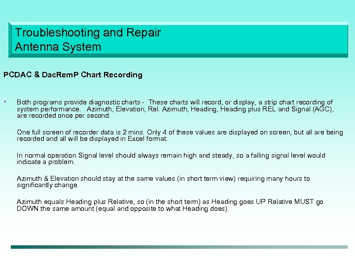 Troubleshooting and Repair Antenna System PCDAC & Dac. Rem. P Chart Recording • Both
