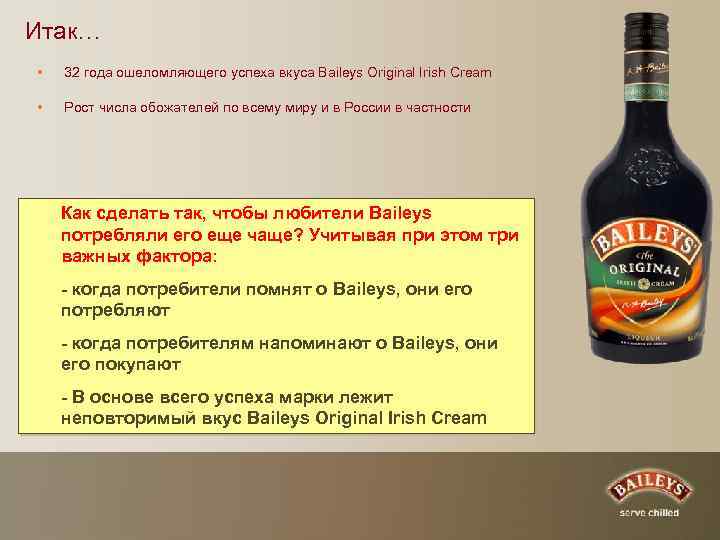 Итак… • 32 года ошеломляющего успеха вкуса Baileys Original Irish Cream • Рост числа