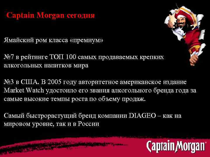 Captain Morgan сегодня Ямайский ром класса «премиум» № 7 в рейтинге ТОП 100 самых