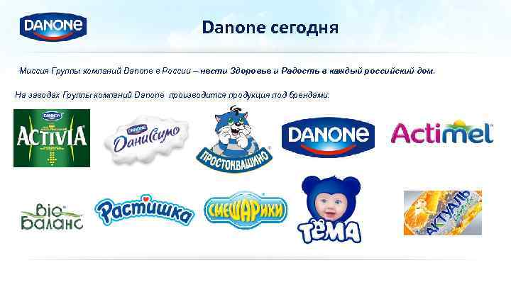 Danone сегодня Миссия Группы компаний Danone в России – нести Здоровье и Радость в