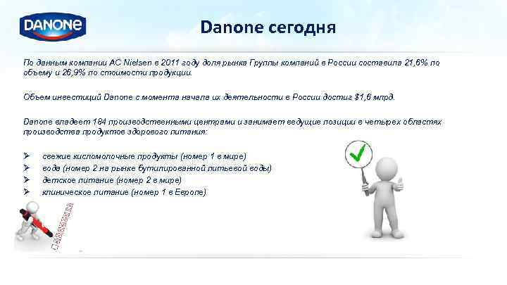 Danone сегодня По данным компании AC Nielsen в 2011 году доля рынка Группы компаний