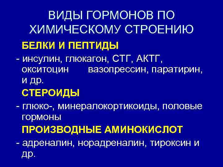 ВИДЫ ГОРМОНОВ ПО ХИМИЧЕСКОМУ СТРОЕНИЮ БЕЛКИ И ПЕПТИДЫ - инсулин, глюкагон, СТГ, АКТГ, окситоцин