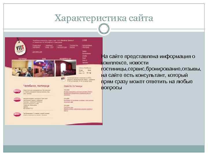 Характеристика сайта На сайте представлена информация о комплексе, новости гостиницы, сервис, бронирование, отзывы, на