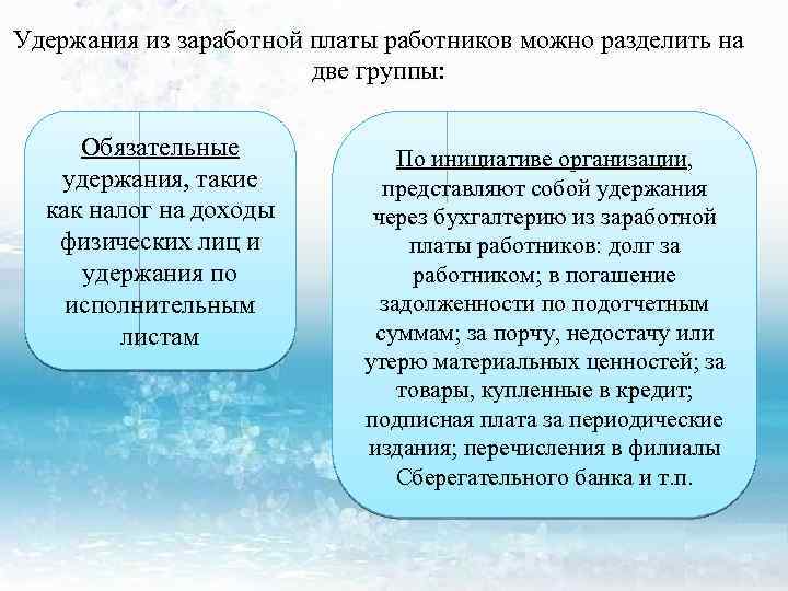 Удержания из заработной платы работников можно разделить на две группы: Обязательные удержания, такие как