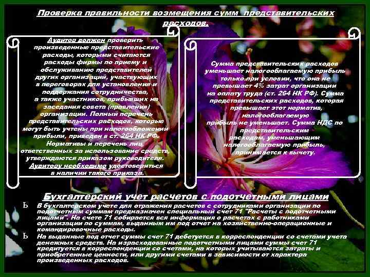 Проверка правильности возмещения сумм представительских расходов. Аудитор должен проверить произведенные представительские расходы, которыми считаются