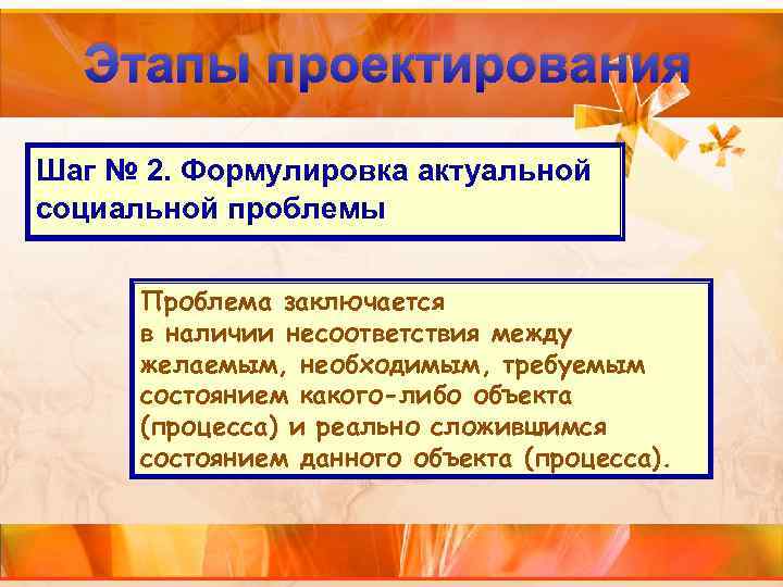 Этапы проектирования Шаг № 2. Формулировка актуальной социальной проблемы Проблема заключается в наличии несоответствия