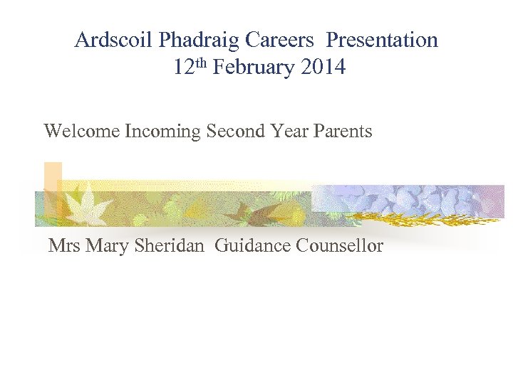 Ardscoil Phadraig Careers Presentation 12 th February 2014 Welcome Incoming Second Year Parents Mrs