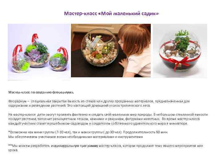 Мастер-класс «Мой маленький садик» Мастер-класс по созданию флорариума. Флорариум – специальная закрытая ёмкость из