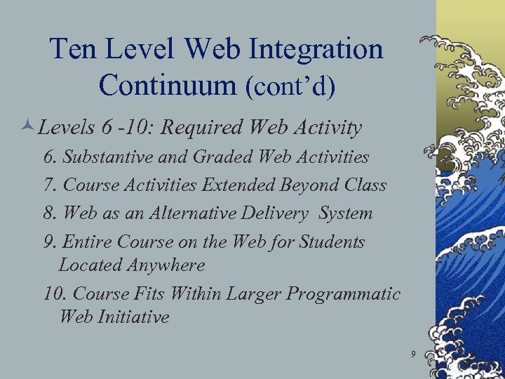 Ten Level Web Integration Continuum (cont’d) ©Levels 6 -10: Required Web Activity 6. Substantive