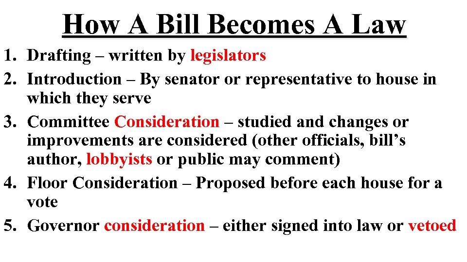 How A Bill Becomes A Law 1. Drafting – written by legislators 2. Introduction