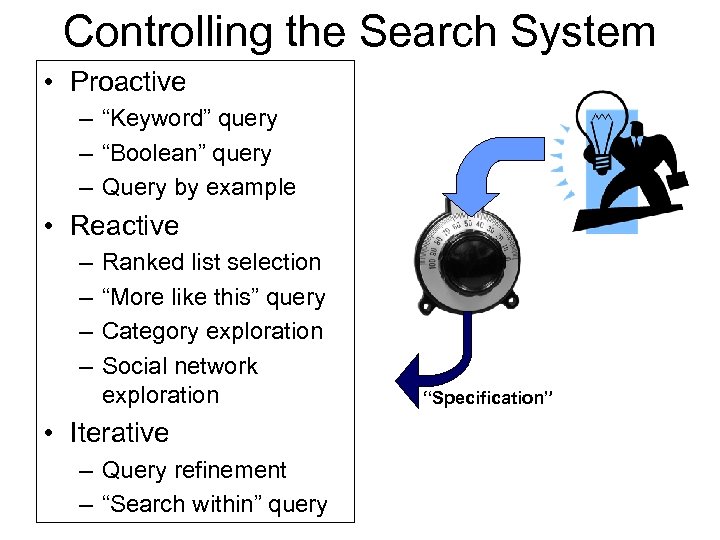 Controlling the Search System • Proactive – “Keyword” query – “Boolean” query – Query