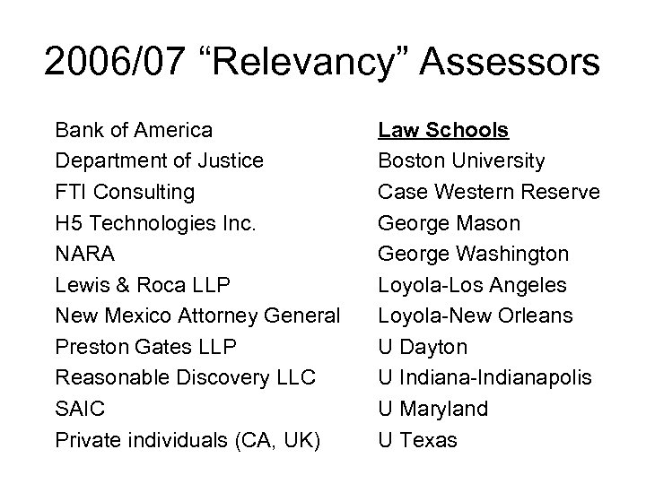 2006/07 “Relevancy” Assessors Bank of America Department of Justice FTI Consulting H 5 Technologies