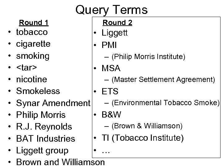 Query Terms Round 1 • • • Round 2 tobacco • Liggett cigarette •