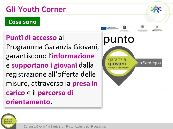 Gli Youth Corner Cosa sono Punti di accesso al Programma Garanzia Giovani, garantiscono l’informazione
