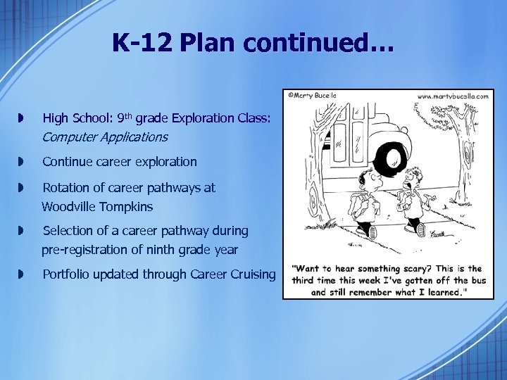 K-12 Plan continued… » High School: 9 th grade Exploration Class: Computer Applications »