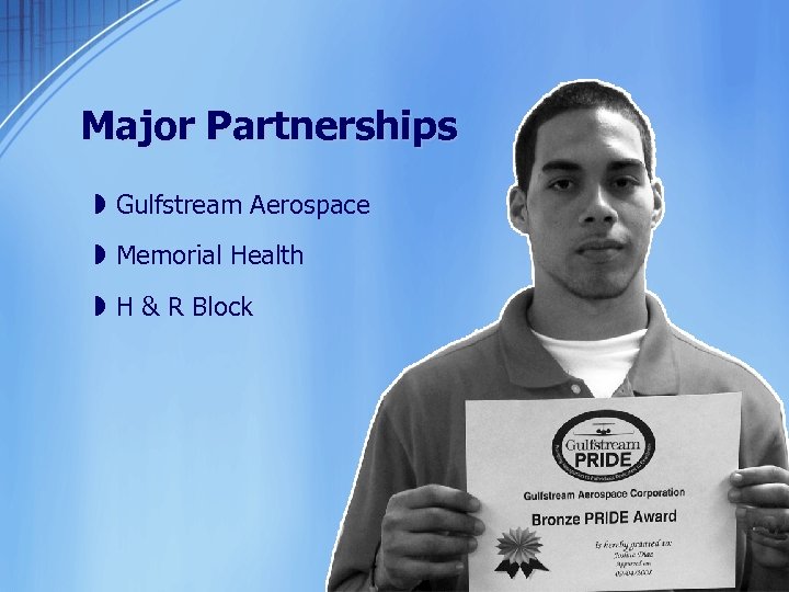 Major Partnerships » Gulfstream Aerospace » Memorial Health » H & R Block 