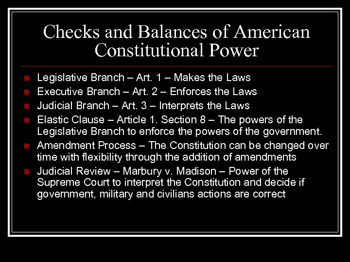 Checks and Balances of American Constitutional Power n n n Legislative Branch – Art.