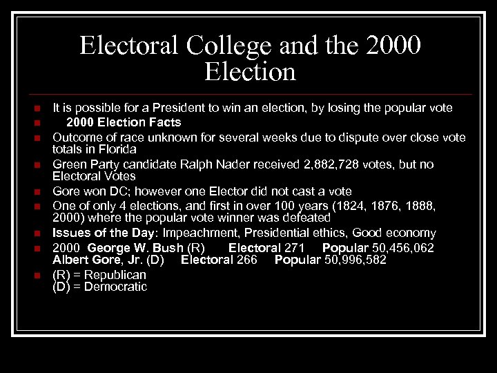 Electoral College and the 2000 Election n n n n It is possible for