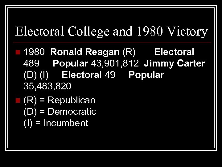 Electoral College and 1980 Victory 1980 Ronald Reagan (R) Electoral 489 Popular 43, 901,