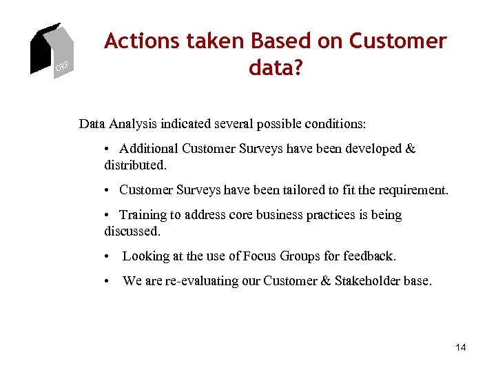 ORF Actions taken Based on Customer data? Data Analysis indicated several possible conditions: •