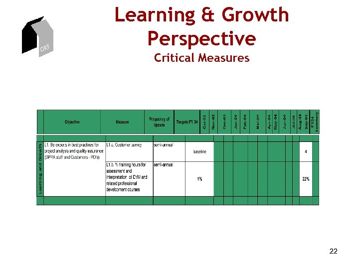 ORF Learning & Growth Perspective Critical Measures 22 