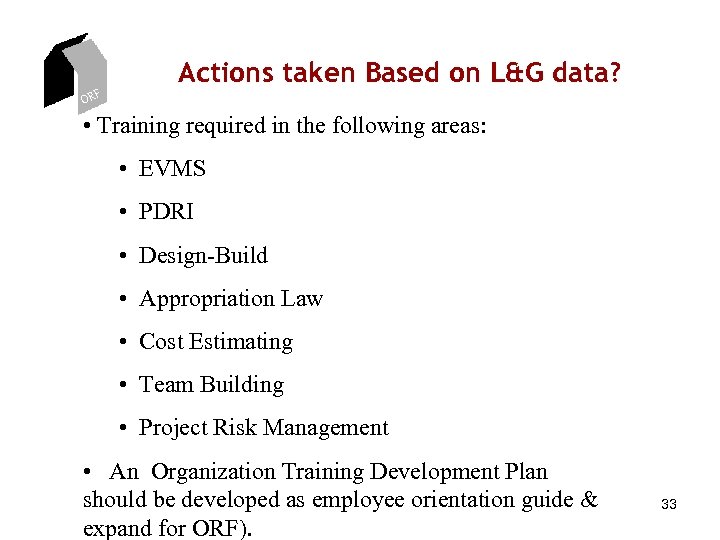 Actions taken Based on L&G data? ORF • Training required in the following areas: