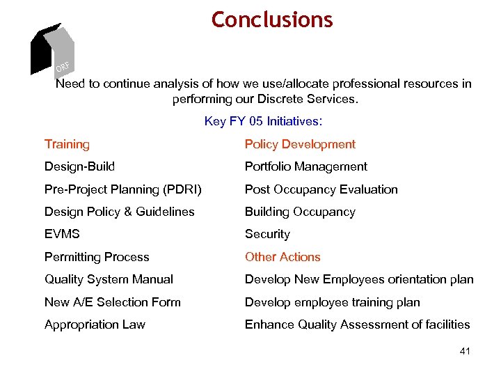 Conclusions ORF Need to continue analysis of how we use/allocate professional resources in performing